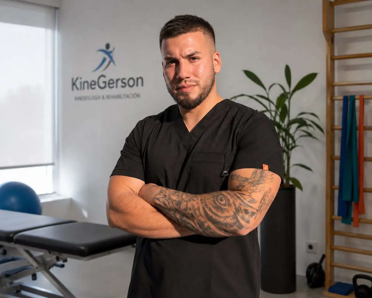 Gerson Rodríguez de brazos cruzados en su box de kinesiología KineGerson